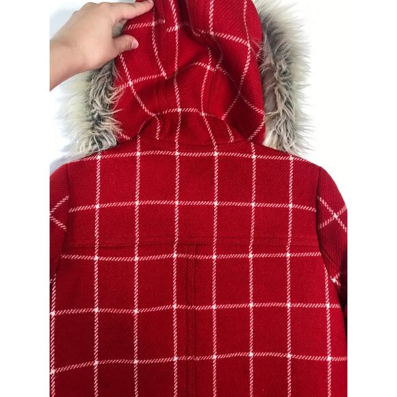 J. Crew Chateau Parka Red Plaid Lady Windowpane Check 100% Wool Hooded Coat 2 - Picture 7 of 12